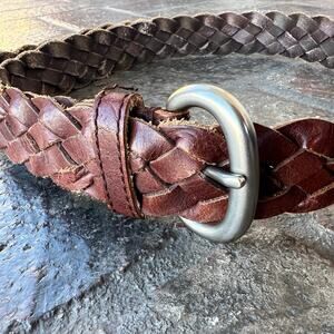 AEO Brown Leather Braided Belt with Silver Round Buckle Size XS/S